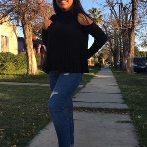 Black Turtle Neck Long Sleeve Shoulder-less Top